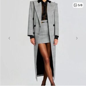 Retrofete Gray Plaid Longline Double-Breasted Trench Coat
